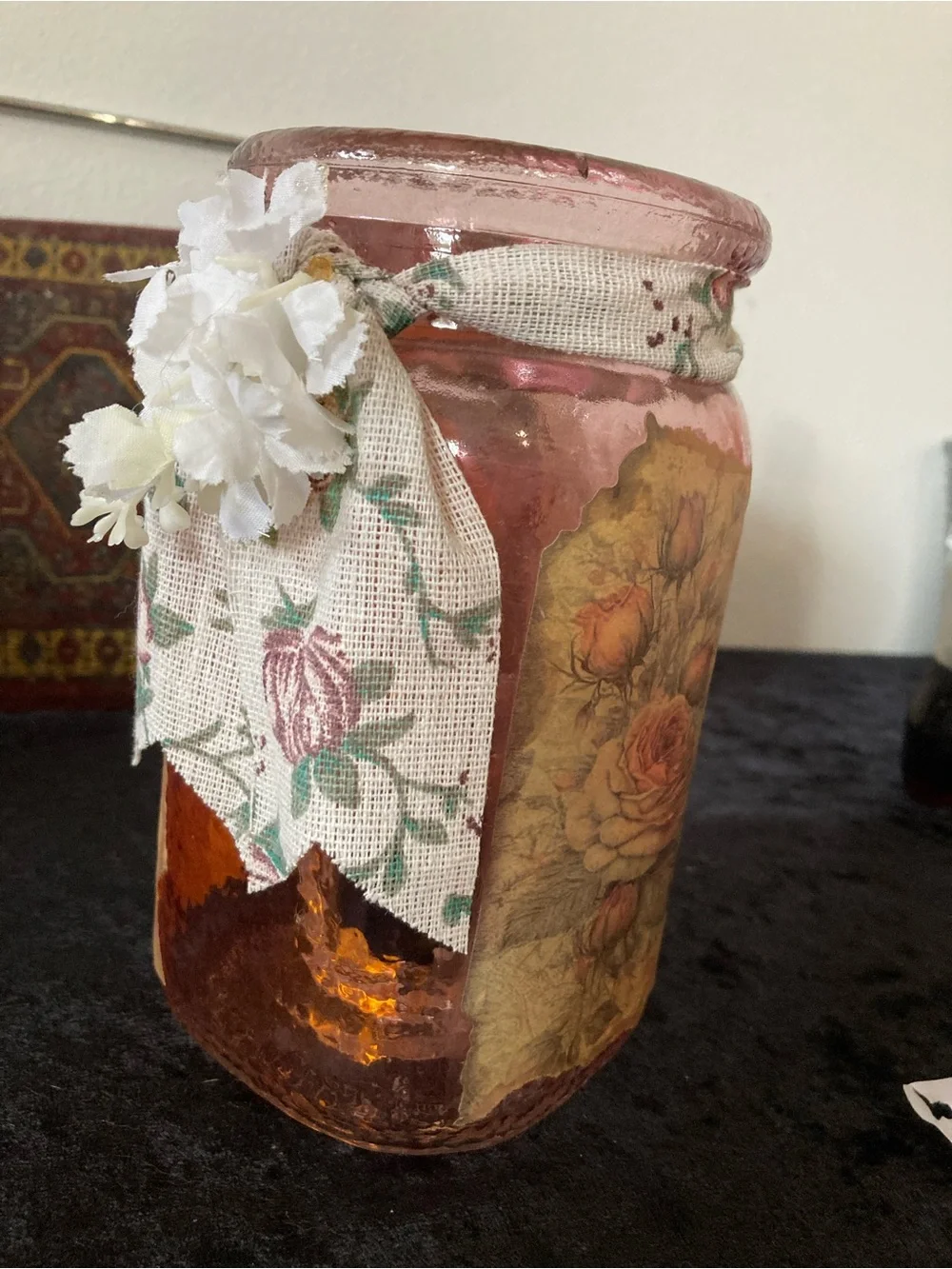 Handcrafted Pink Glass Decorative Flicker Light Jar with Floral Accent
